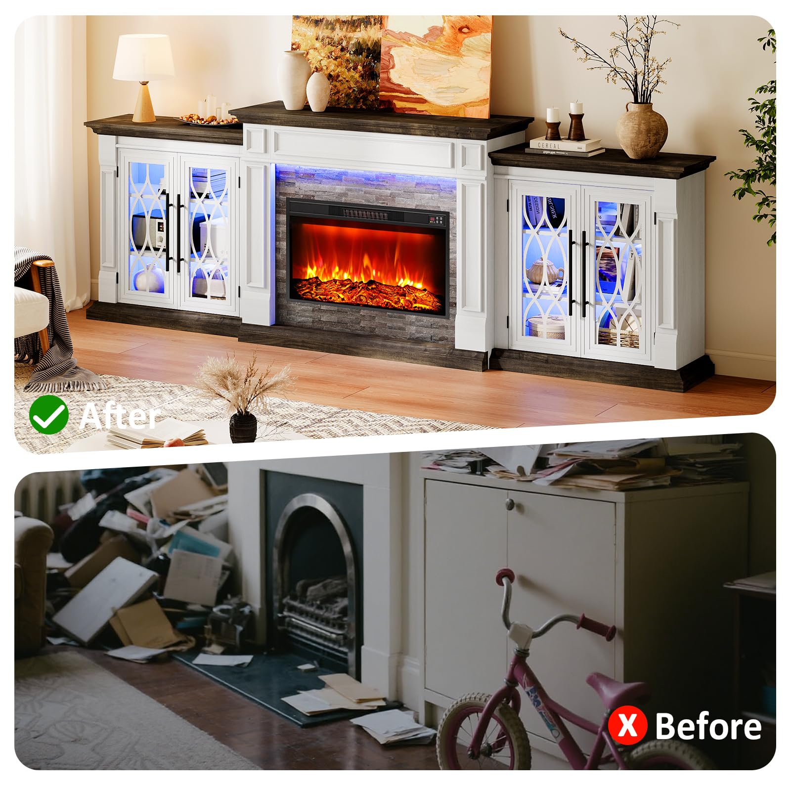 104" Fireplace TV Stand with Electric Insert and Storage Cabinets