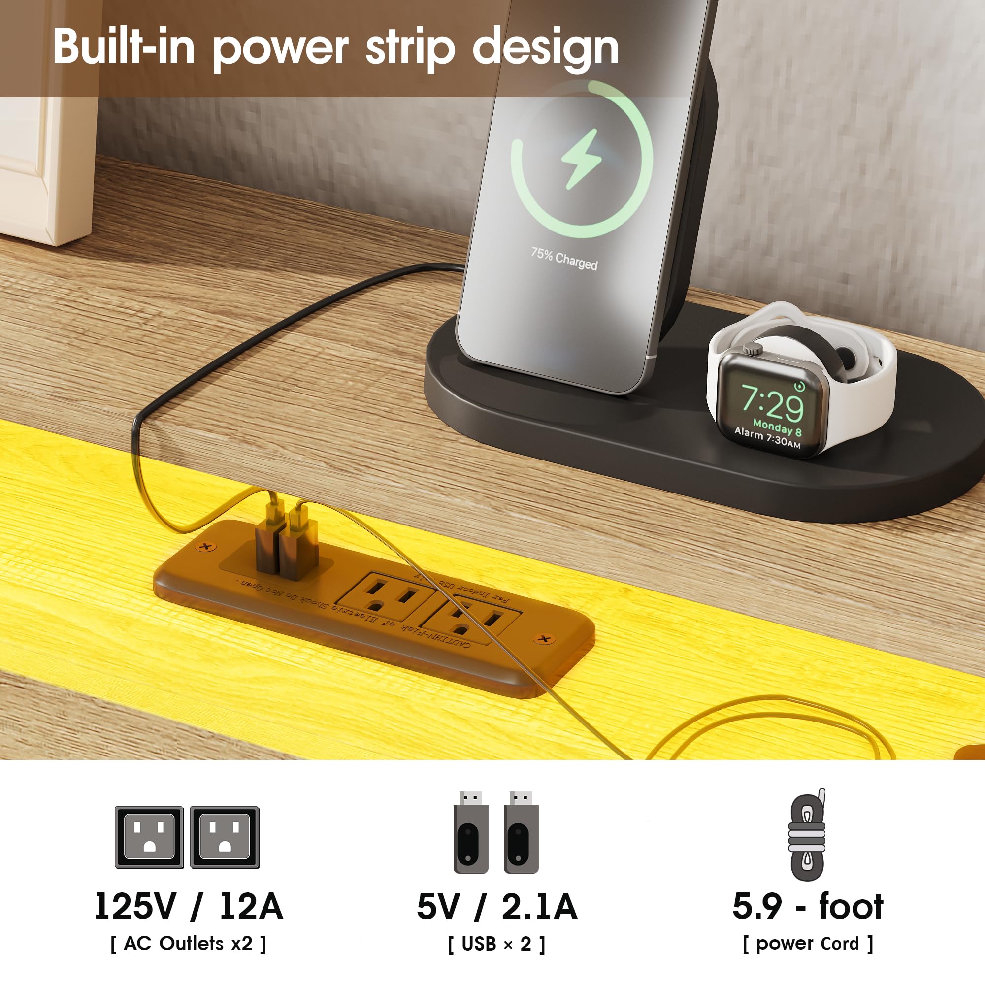 Queen Size Boho Bed Frame with Rattan Storage Headboard and LED Light