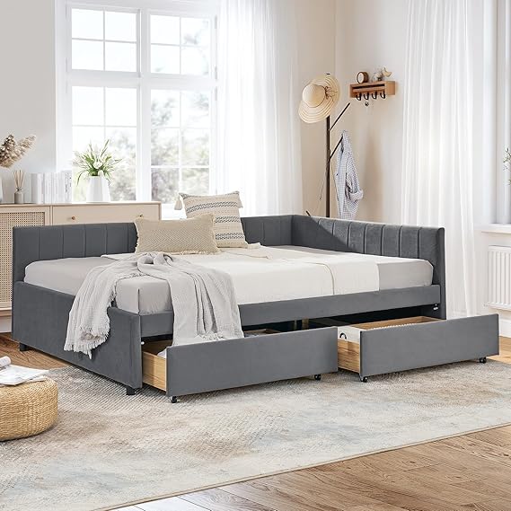 Full Daybed with Storage Drawers and Tufted Velvet Upholstery