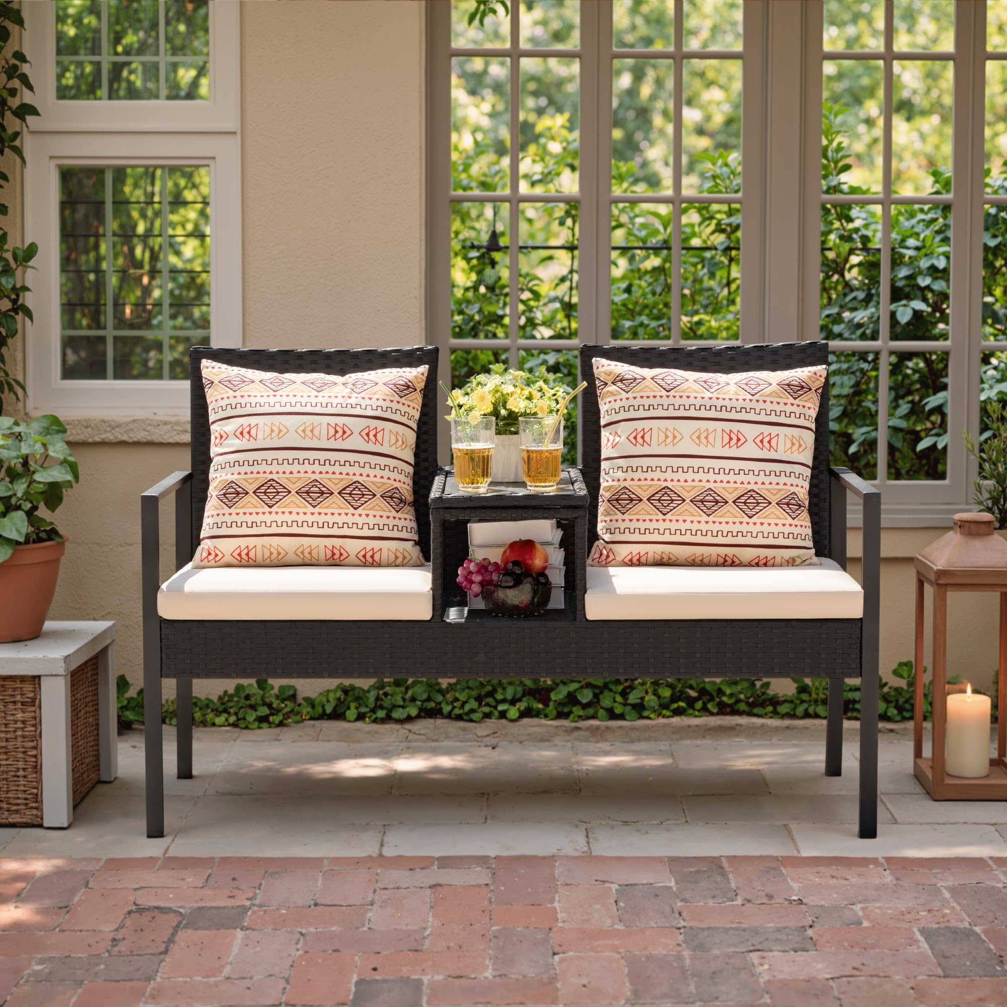 Outdoor Wicker Loveseat with Built-in Coffee Table