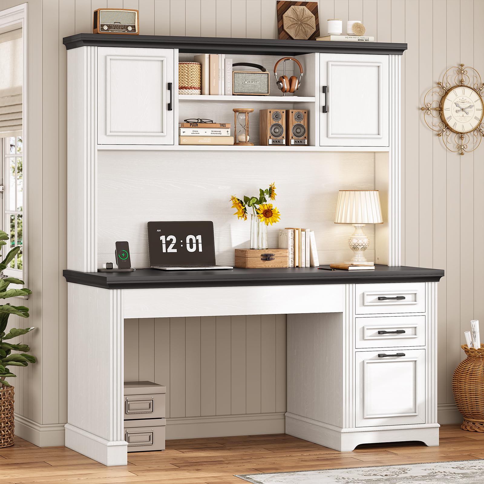 Farmhouse Computer Desk with Hutch and 3 Drawers