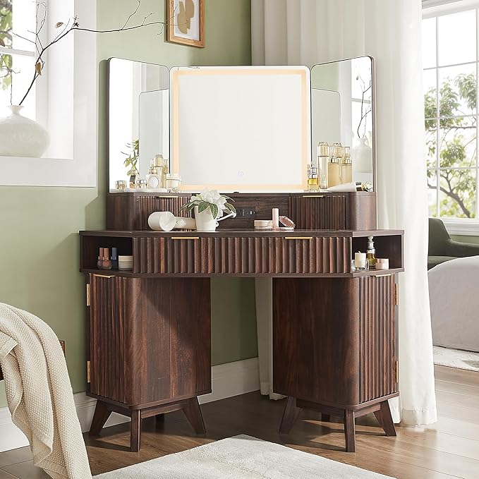48" Corner Makeup Vanity Desk with 3-Way Mirror and Lights