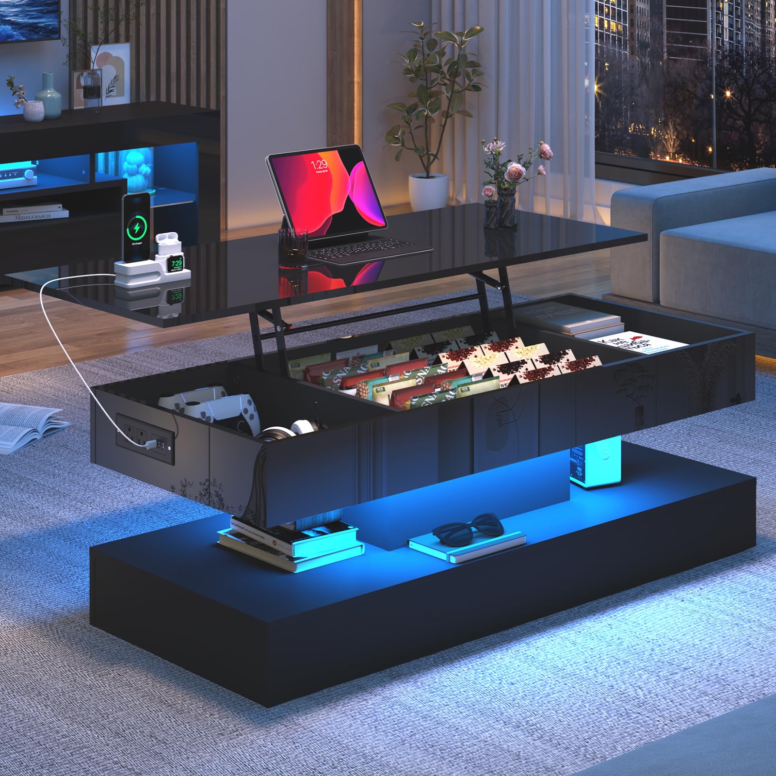 Lift Top Coffee Table with LED Lights and Storage