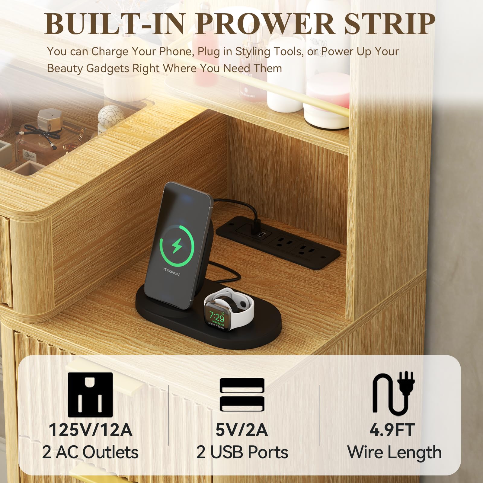 55" Fluted Vanity Desk with Mirror and Lights