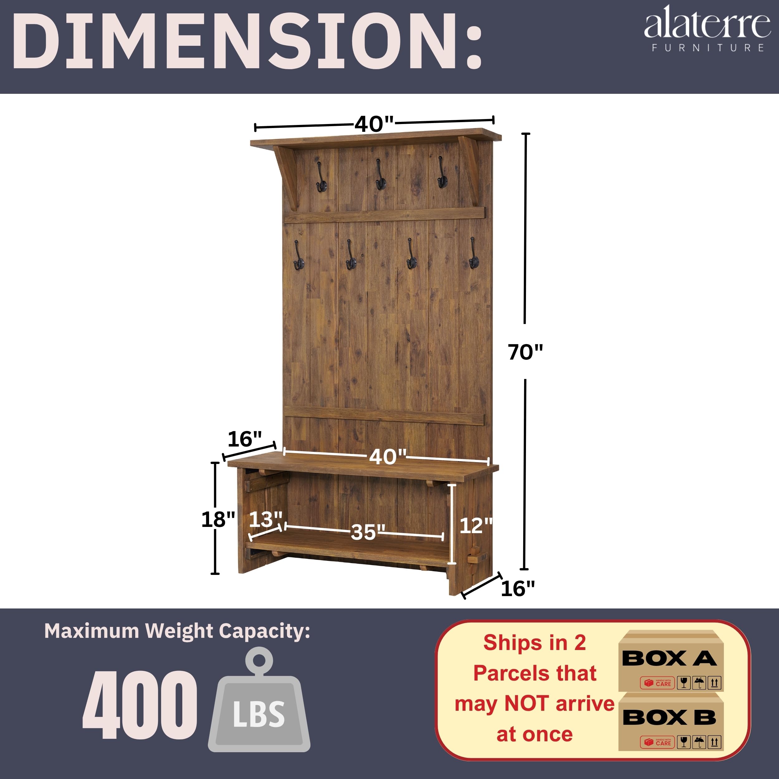 70" Acacia Wood Hall Tree with Bench & Storage