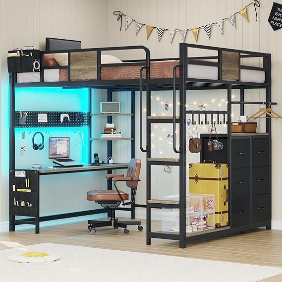 Full Size Loft Bed with Desk and Storage