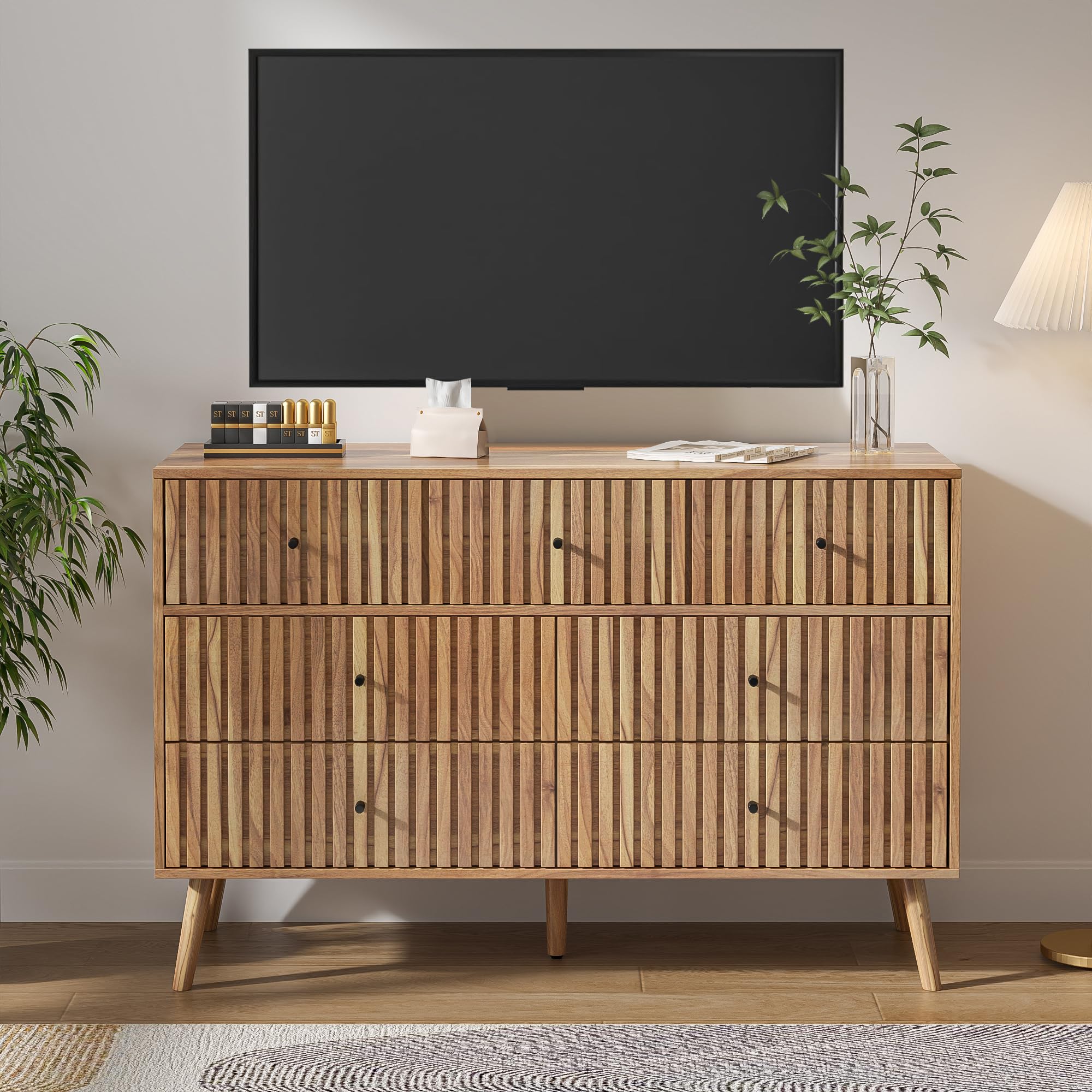 Fluted 7 Drawer Dresser with Black Handles