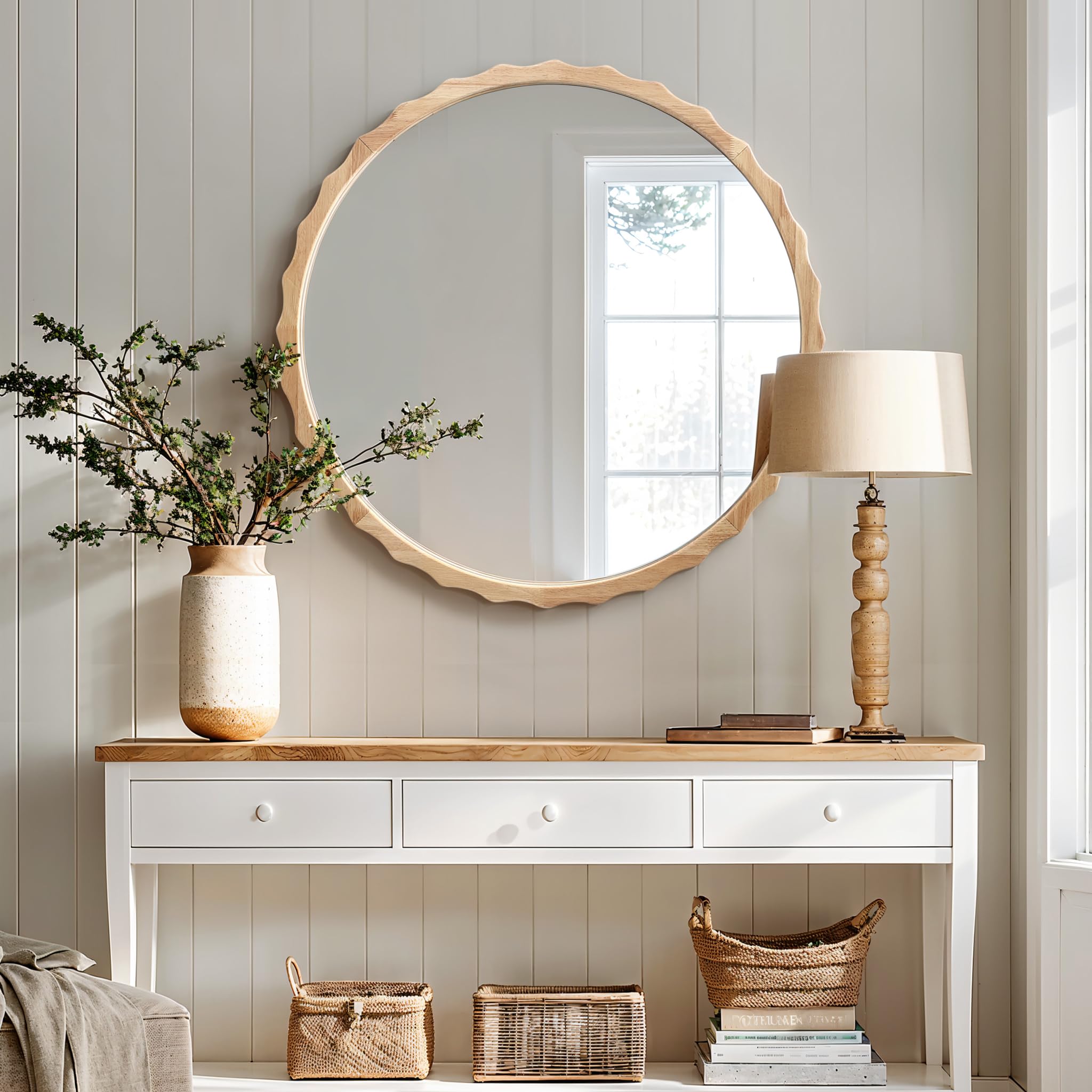 32" Round Wall Mirror with Natural Rubberwood Scalloped Frame