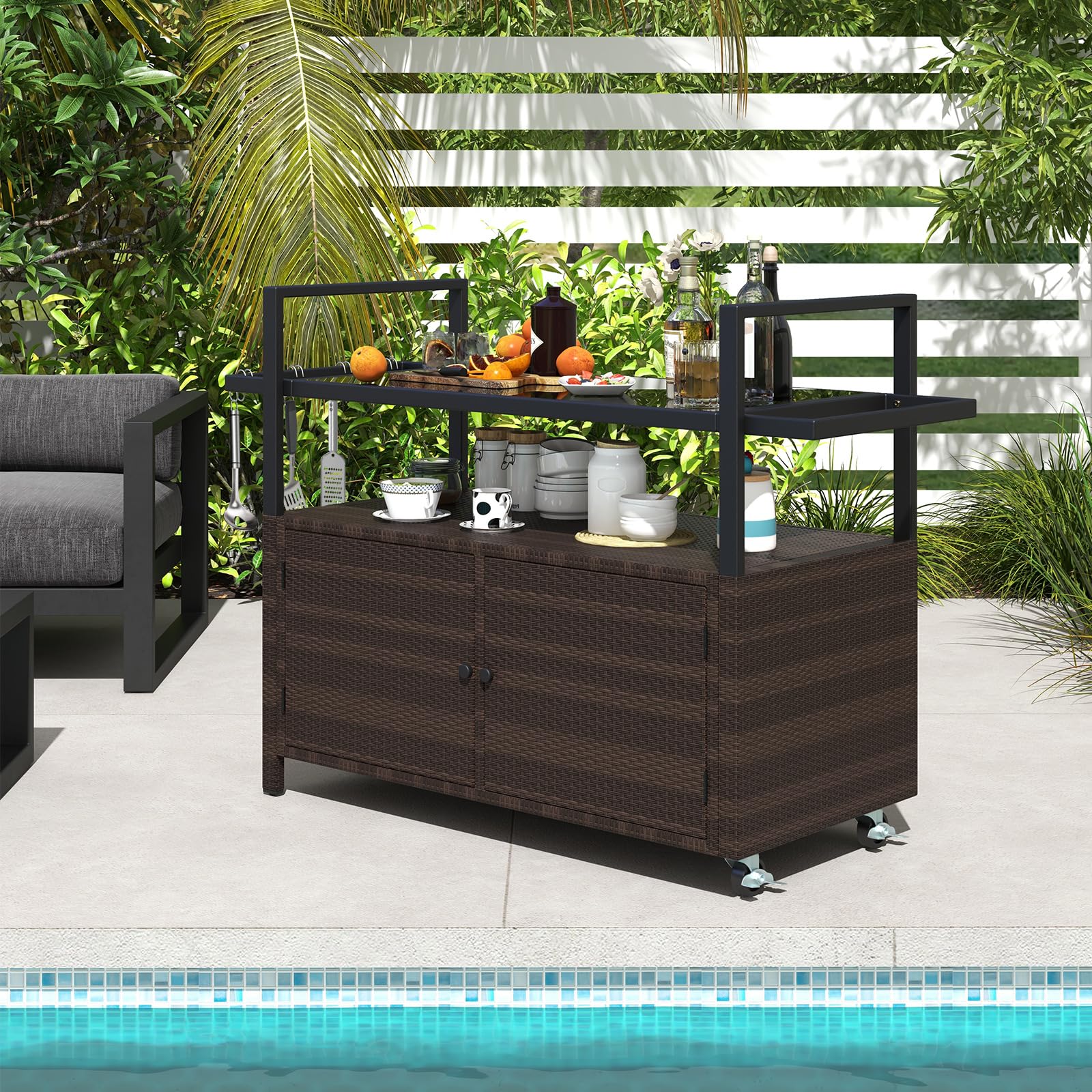 Outdoor Rolling Bar Cart with Tempered Glass Top