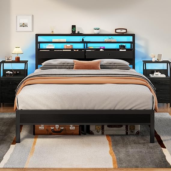 Twin Platform Bed with LED Lights and Charging Station