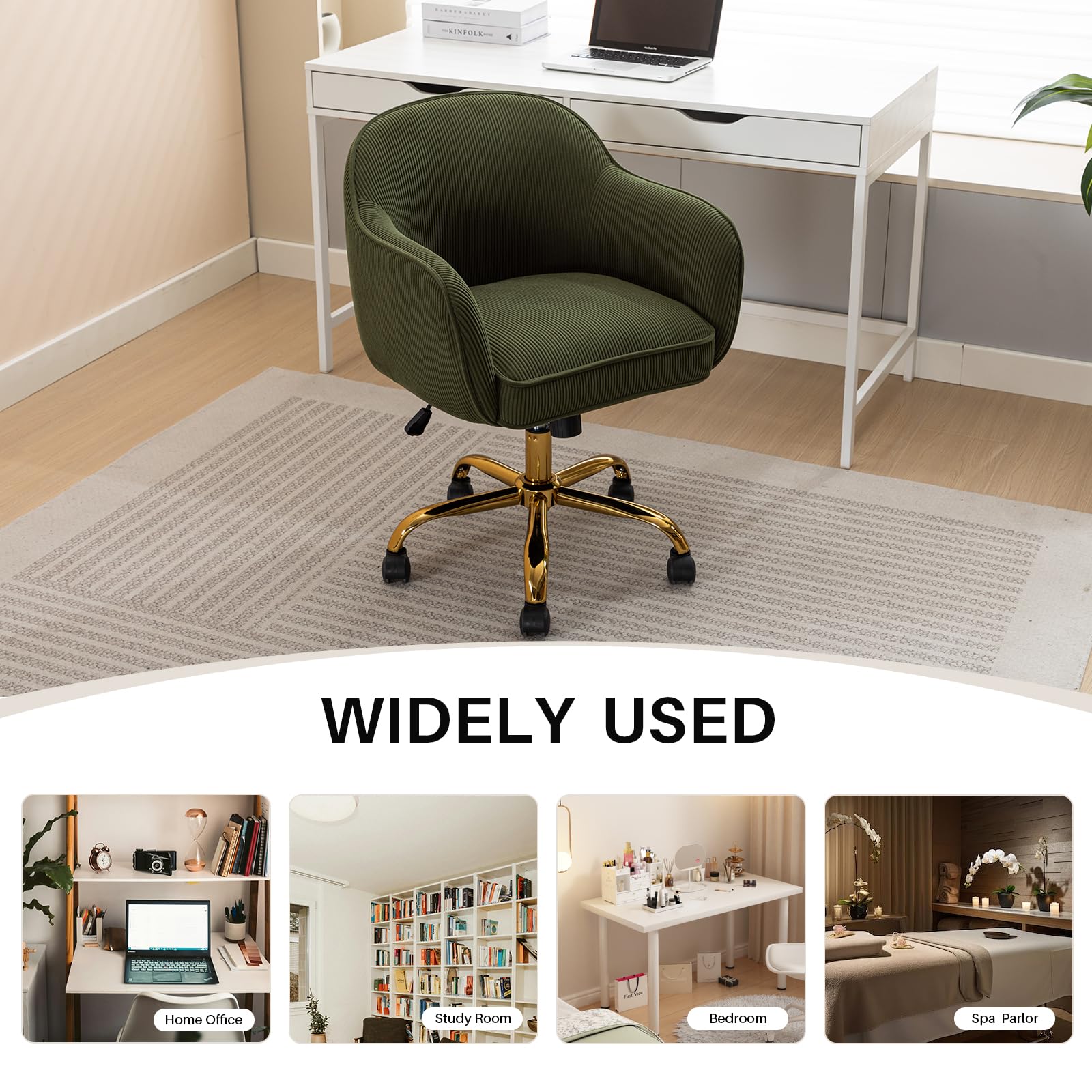 Velvet Upholstered Office Chair with Gold Wheels - Ergonomic Swivel Desk Chair