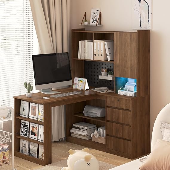 L-Shaped Home Office Desk with Hutch and LED Light