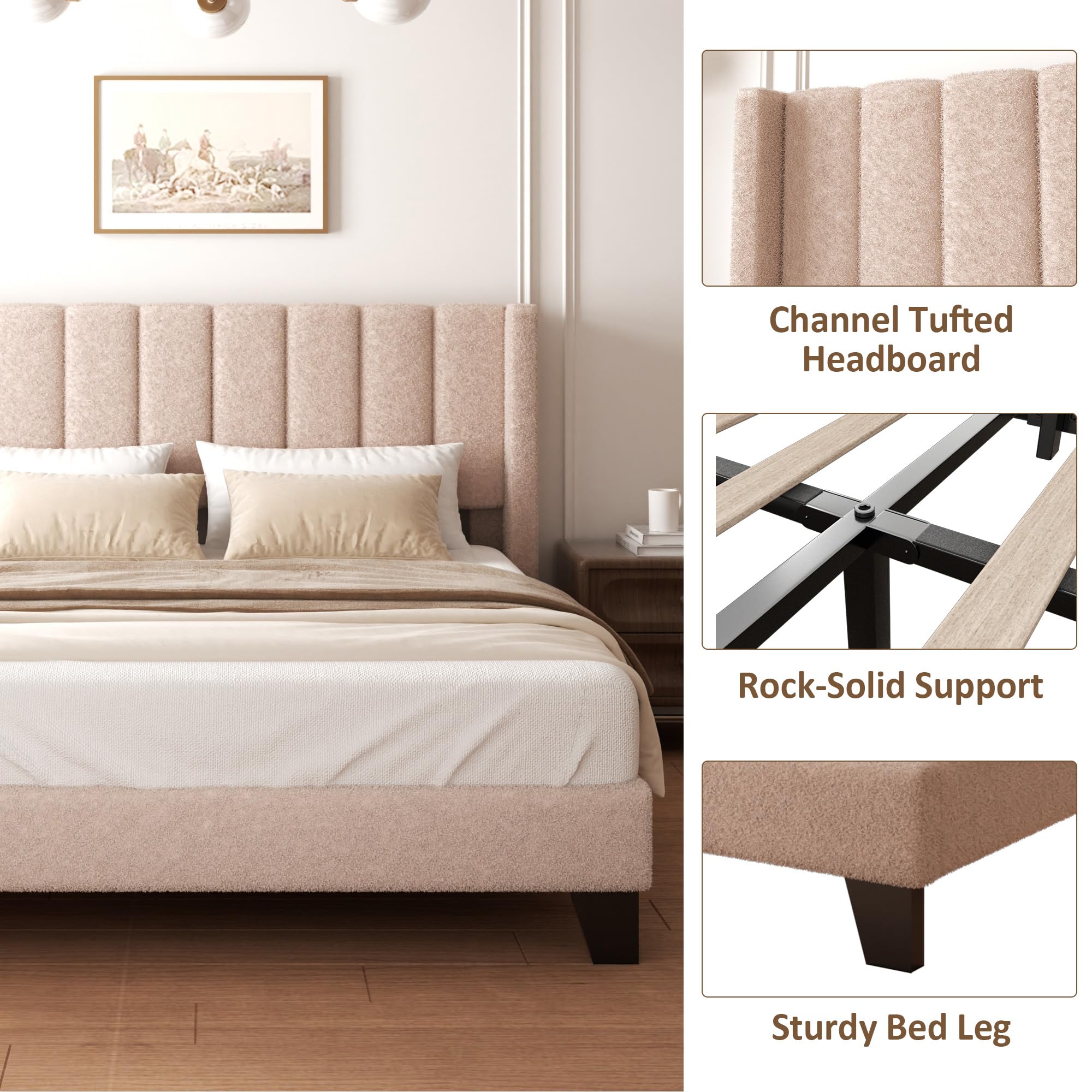 wirpexhowak Queen Bed Frame with Headboard Upholstered Platform Bed Frame with Teddy Velvet Headboard, Wooden Slats Support/Wing Edge Design/No Box Spring Needed/Easy Assembly, Brown Queen