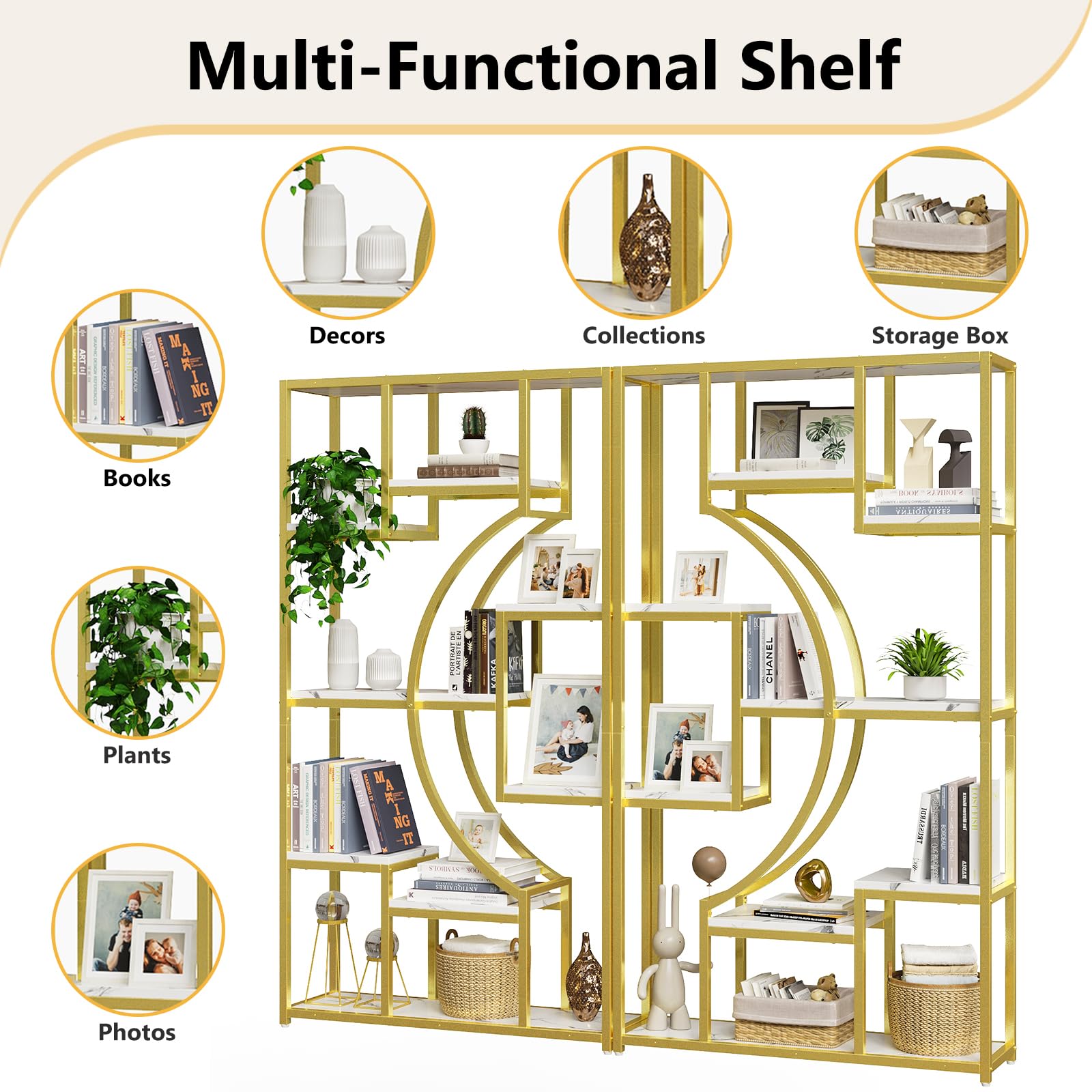 70.8 Inch Tall Etagere Bookcase Set of 2 White Gold