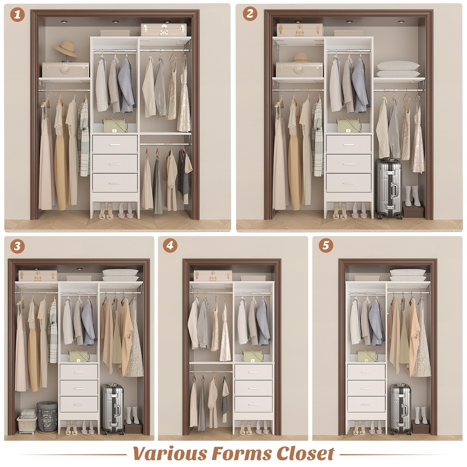 4ft Closet Organizer System with 3 Fabric Drawers and Adjustable Shelves