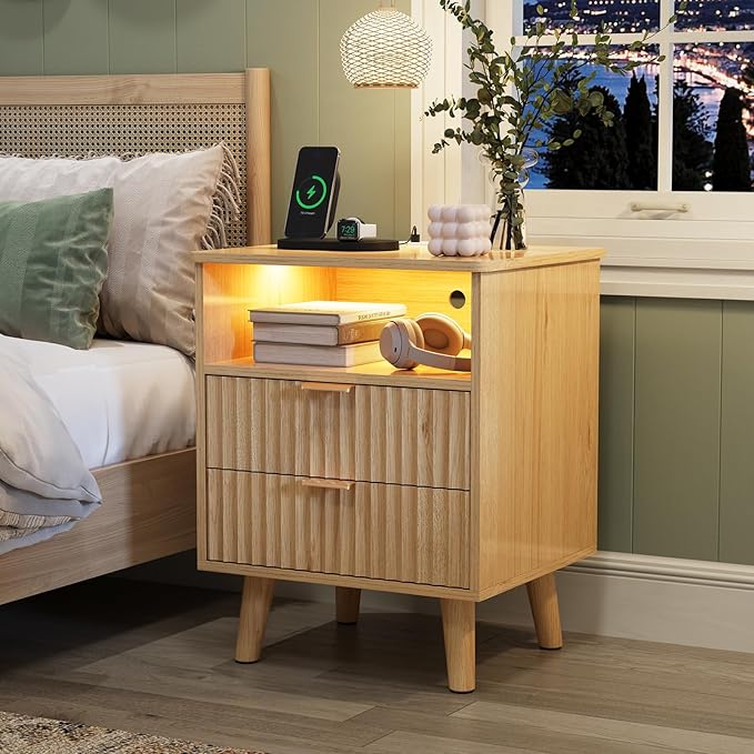 Fluted Nightstand Set with Charging Station & LED Lights