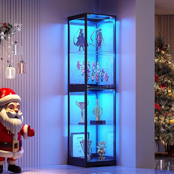 Glass Display Cabinet with Doors 65" Tall 4-Tier Curio Case with LED Lights
