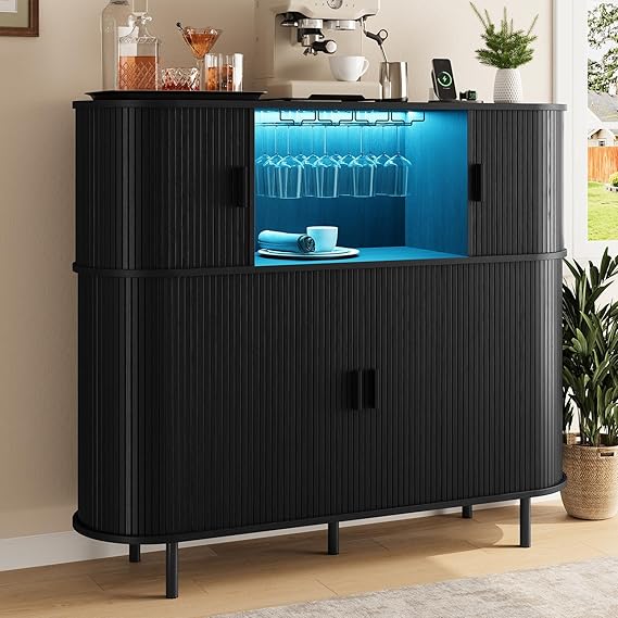 Wine Bar Cabinet with LED Lights and Power Outlet