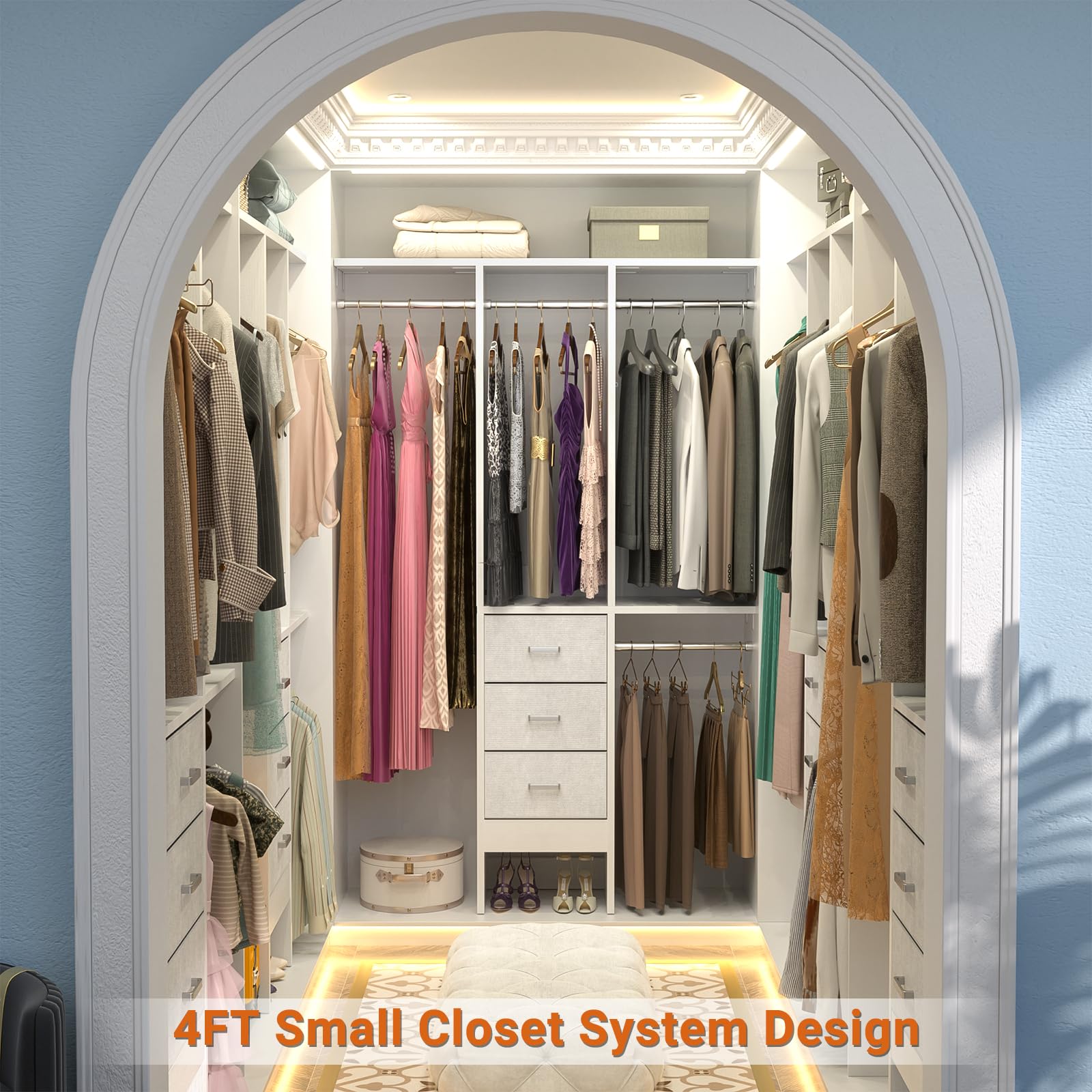 4ft Closet Organizer System with 3 Fabric Drawers and Adjustable Shelves