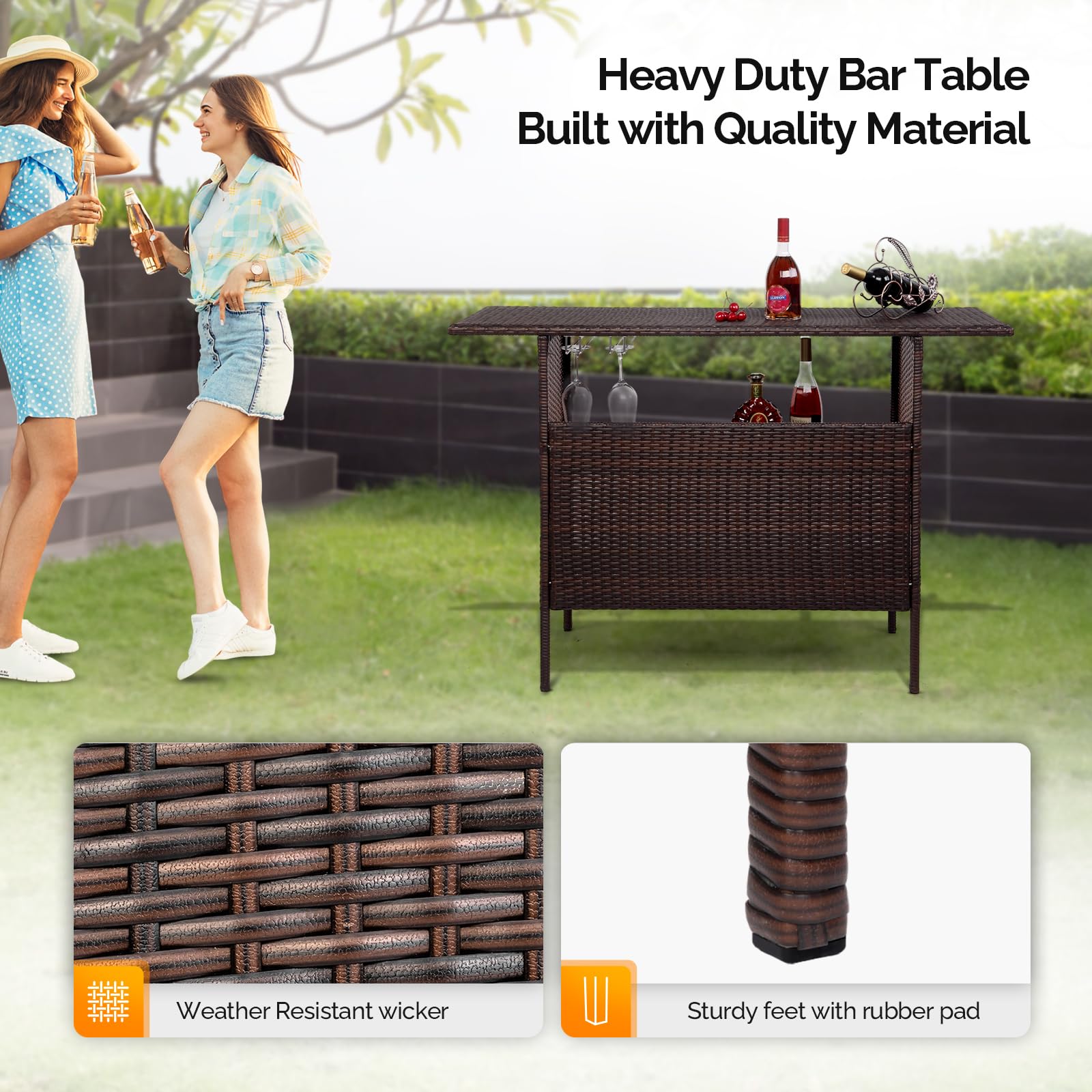 Wicker Outdoor Bar Table with Steel Shelves and Storage
