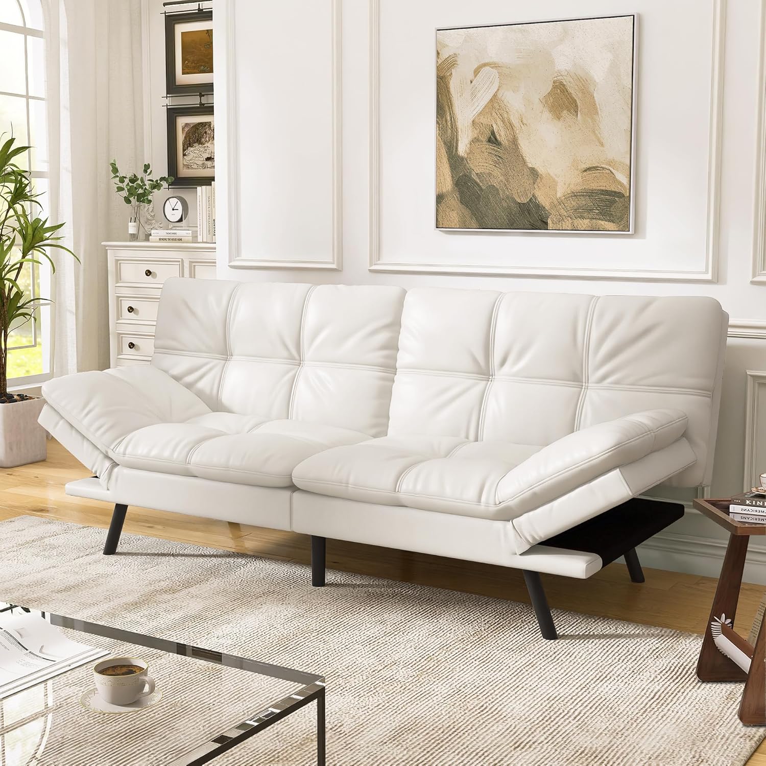 Convertible Faux Leather Futon Sofa Bed with Memory Foam
