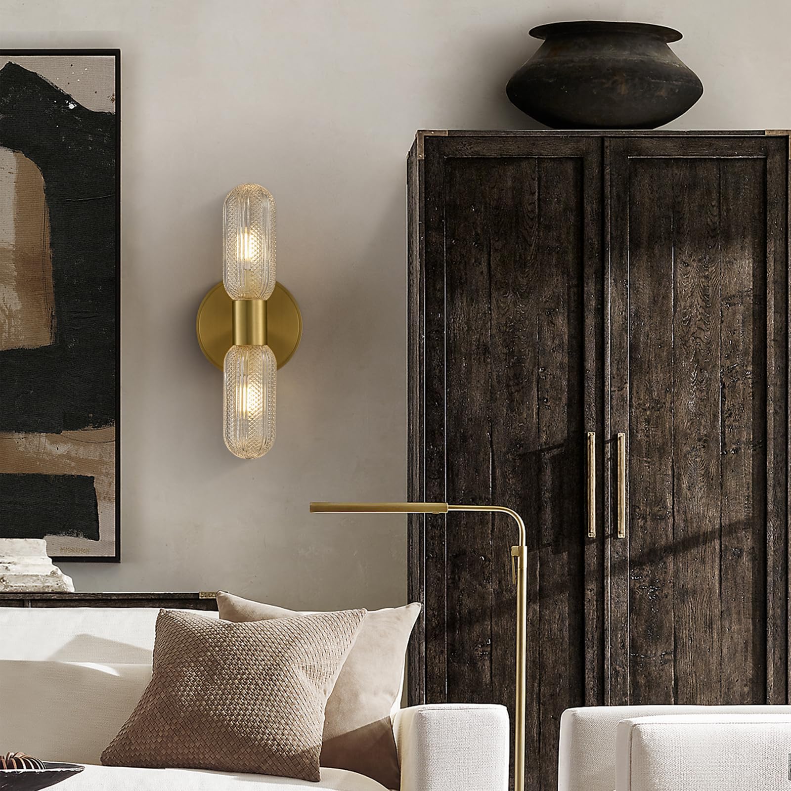 Brushed Brass Wall Sconces with Knurled Glass Shades