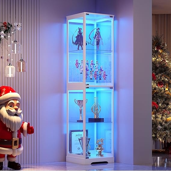 Glass Display Cabinet with Doors 65" Tall 4-Tier Curio Case with LED Lights