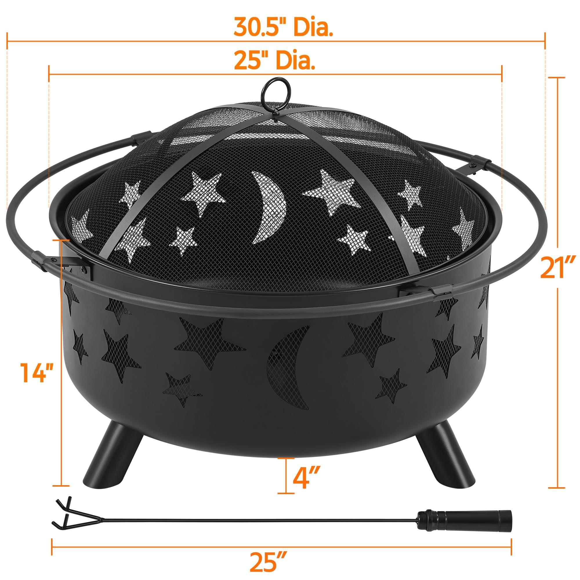 30" Round Wood Burning Fire Pit with Star Moon Design