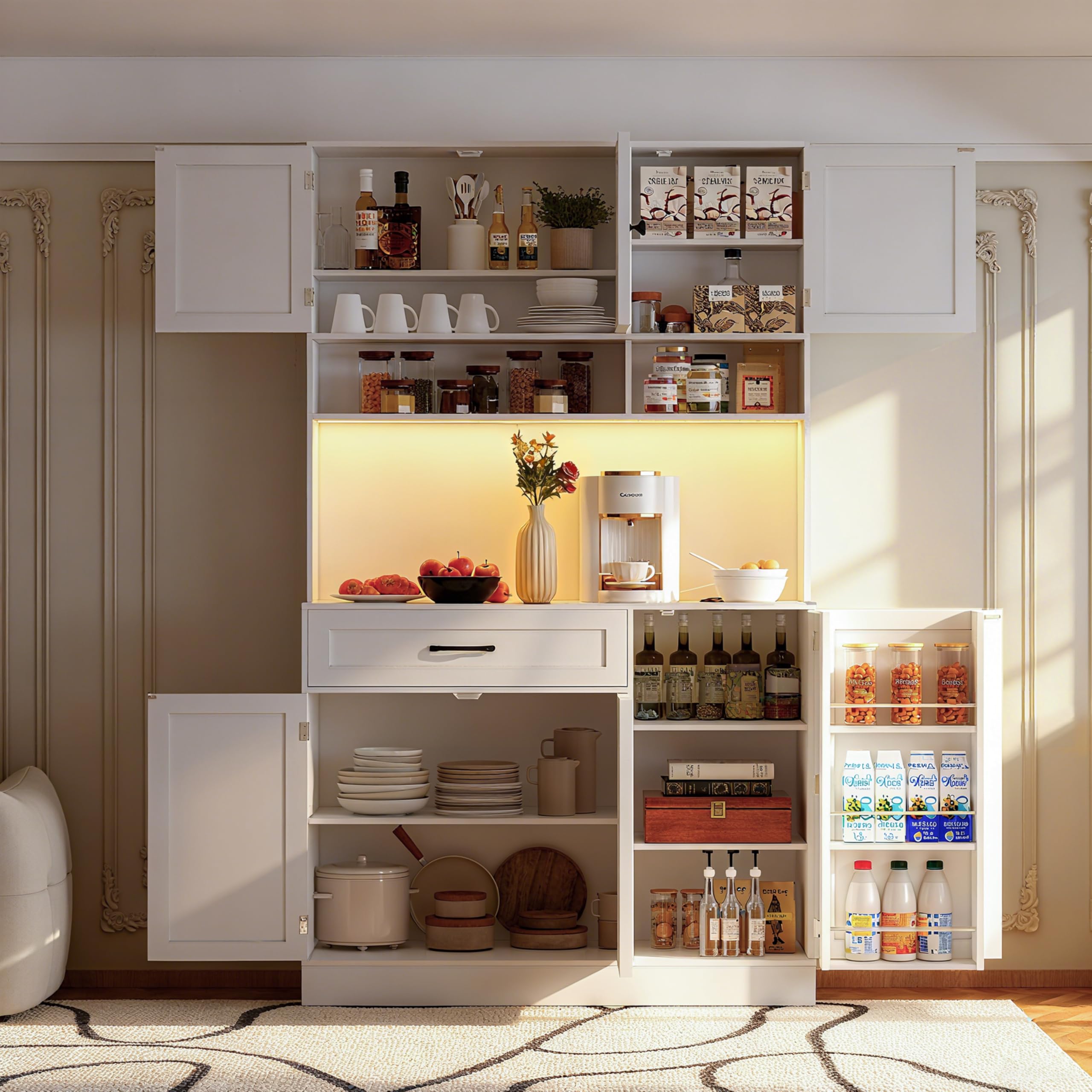 Kitchen Pantry Cabinet with LED Light and Charging Station