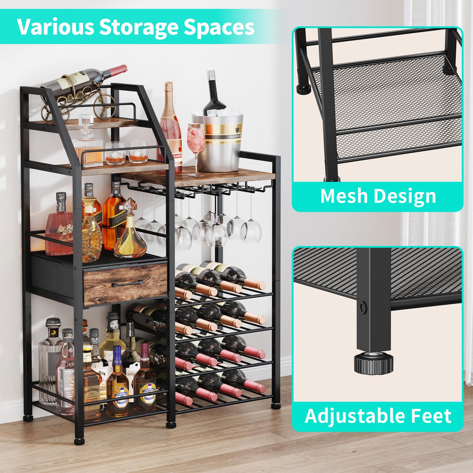 4-Tier Wine Rack with Glass Holder and Fabric Drawer