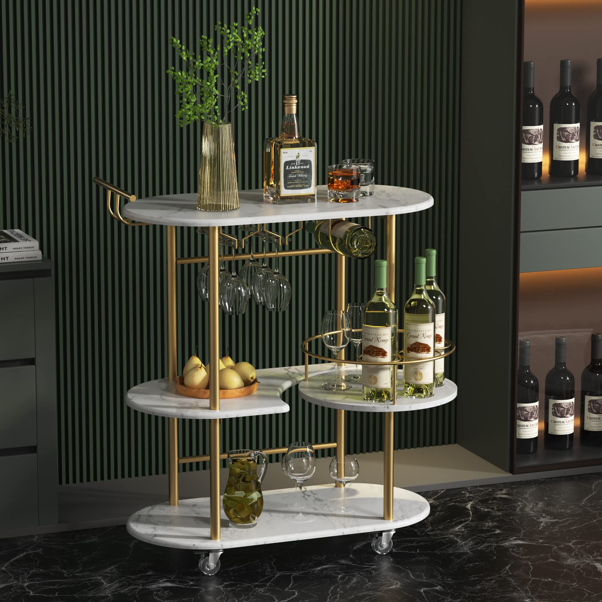 Gold Bar Cart with 4-Tier Storage Shelves and Wine Rack