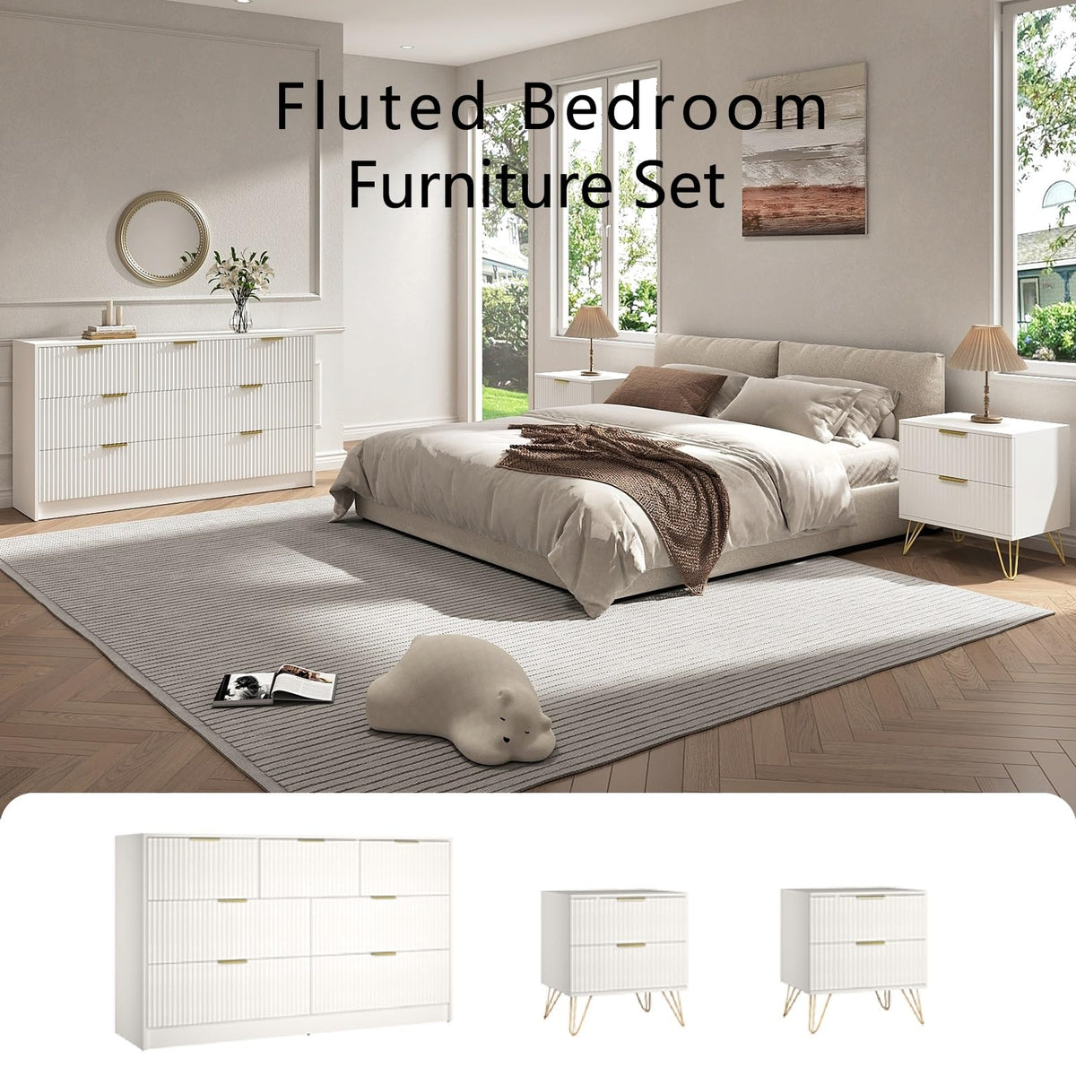 7 Drawer Dresser and Nightstand Set - White with Gold Handles