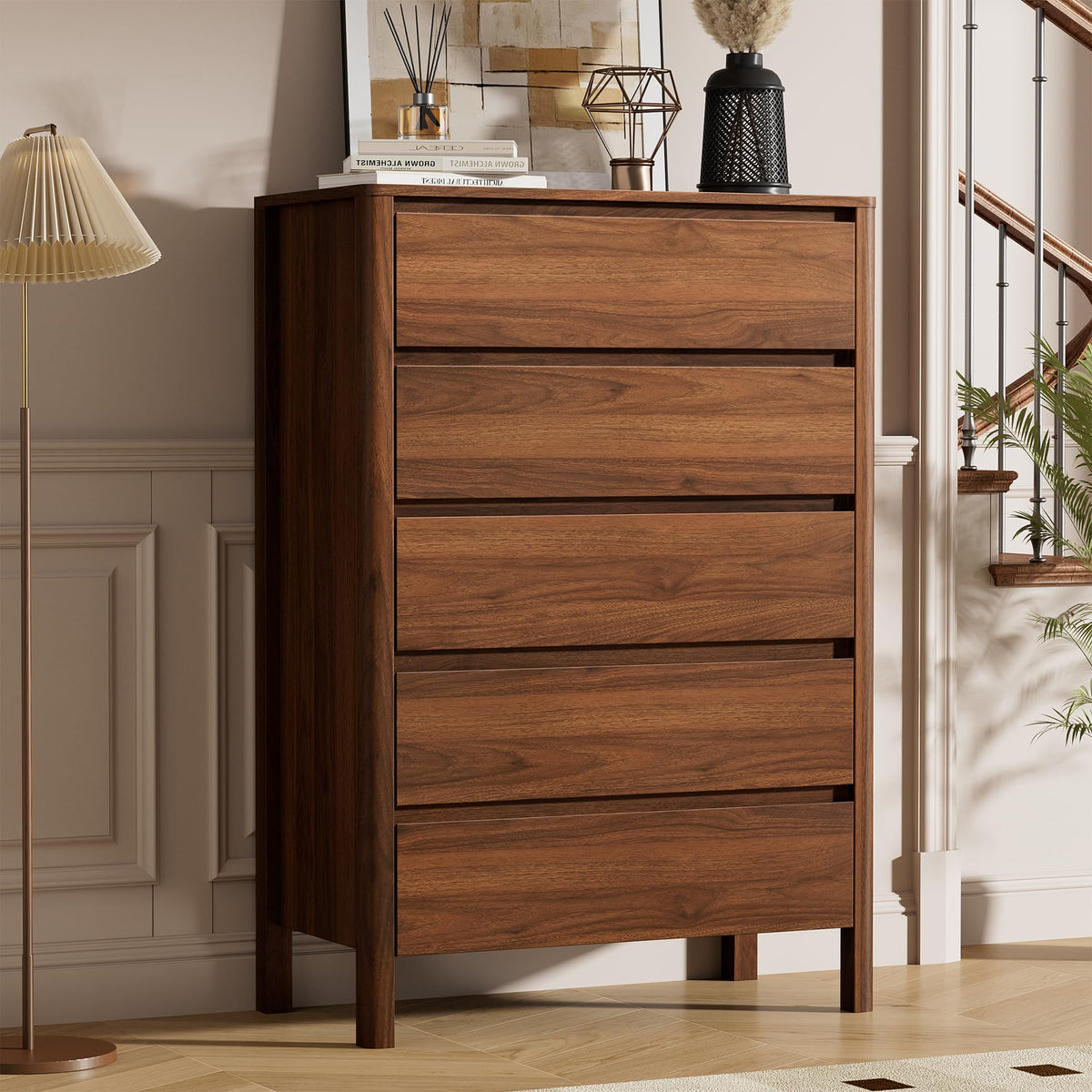 5-Drawer Tall Wood Dresser with Legs – Mid-Century Modern Walnut Chest of Drawers, 45.6"