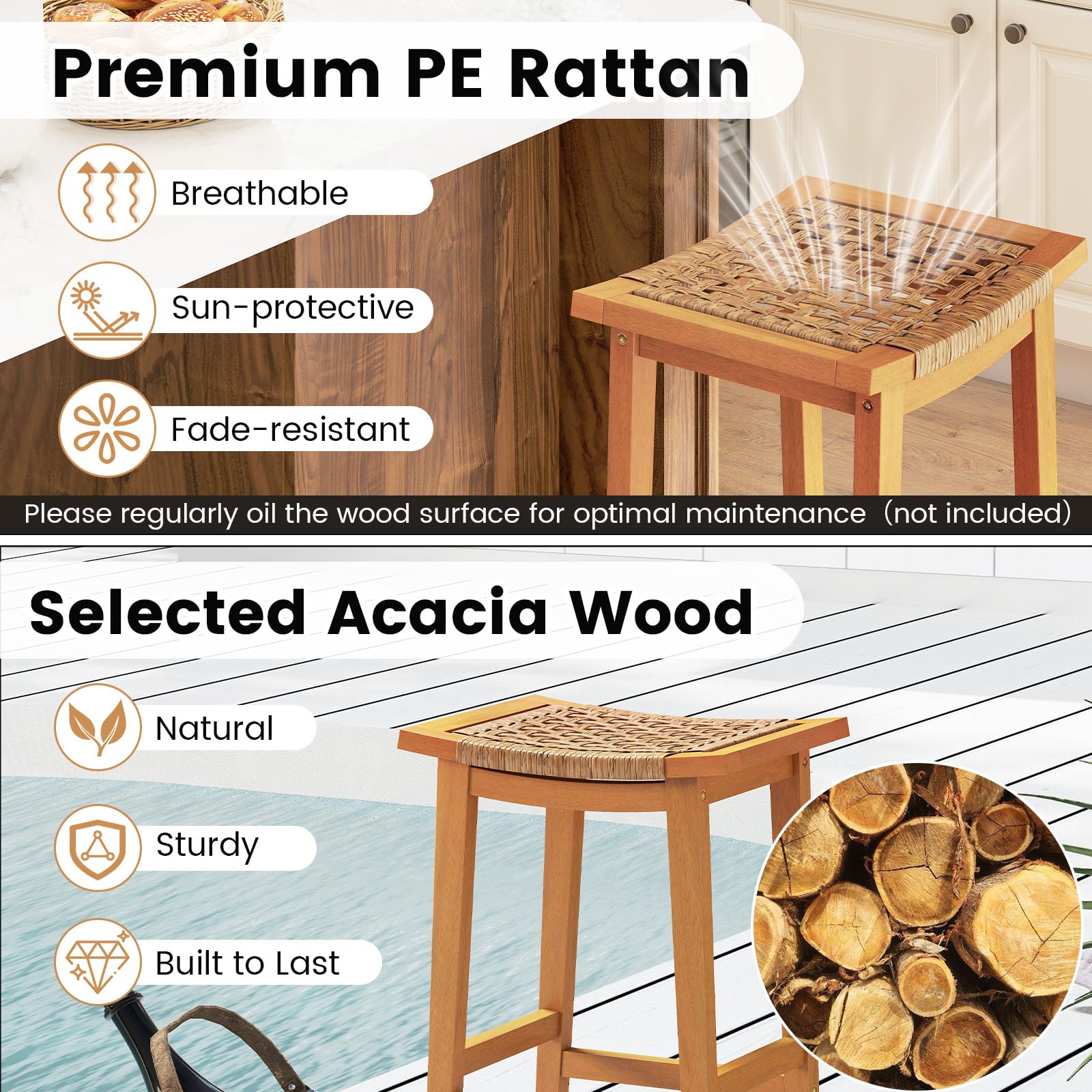 Outdoor Wooden Bar Stools Set of 2, 29" Backless with PE Rattan Saddle Seat