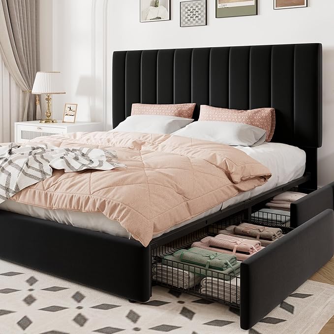 Queen Size Storage Bed Frame with Adjustable Headboard