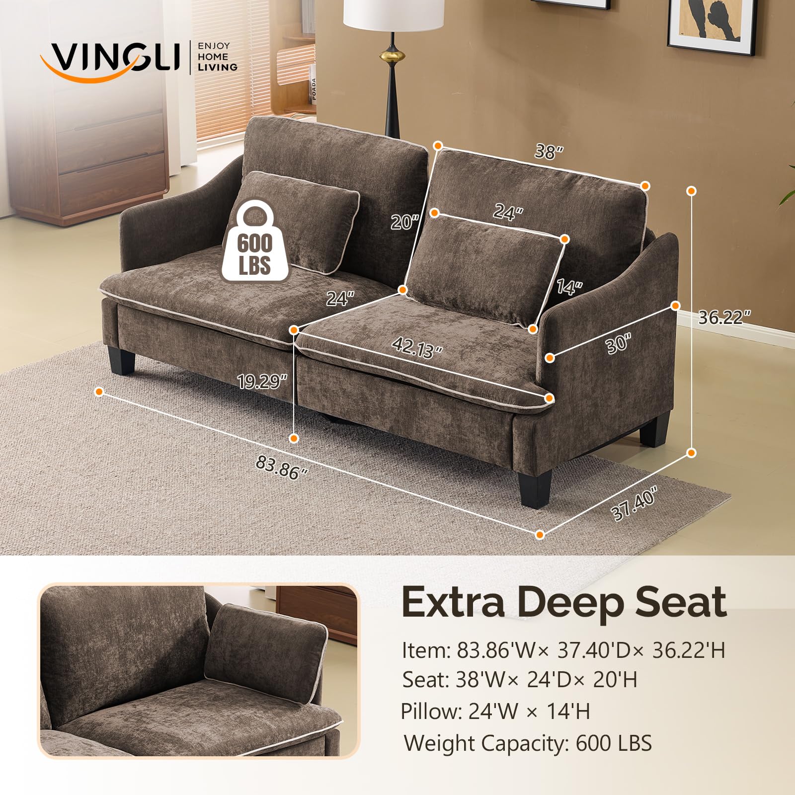 VINGLI 84" Modern Sofa Couch, Linen Velvet 2-Seater Loveseat with Piped Cushions, Removable Cover & 2 Throw Pillows, Upholstered Couches for Living Room, Apartment, Office