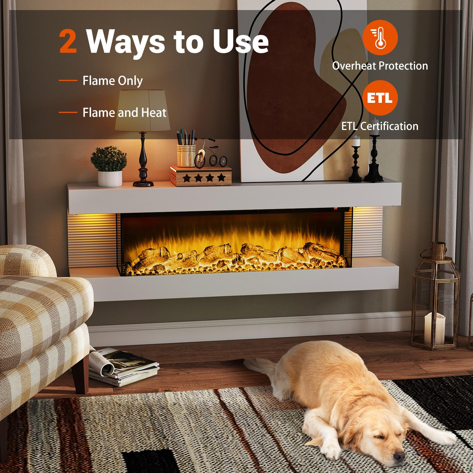 50-Inch Wall Mount Electric Fireplace with Floating Mantel