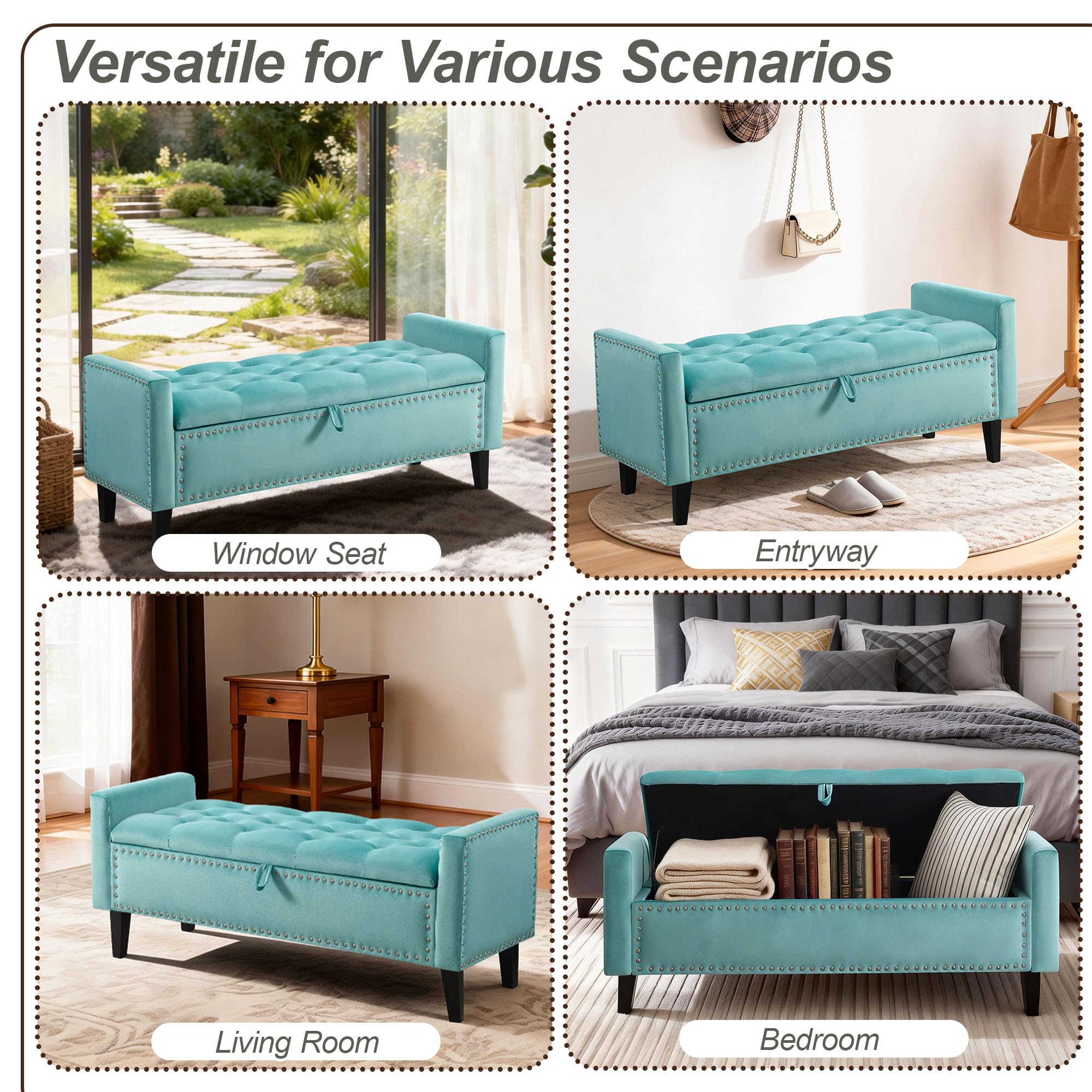 Velvet Storage Ottoman Bench with Arms