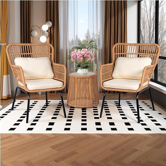 3 Piece Outdoor Wicker Bistro Set with Glass Table