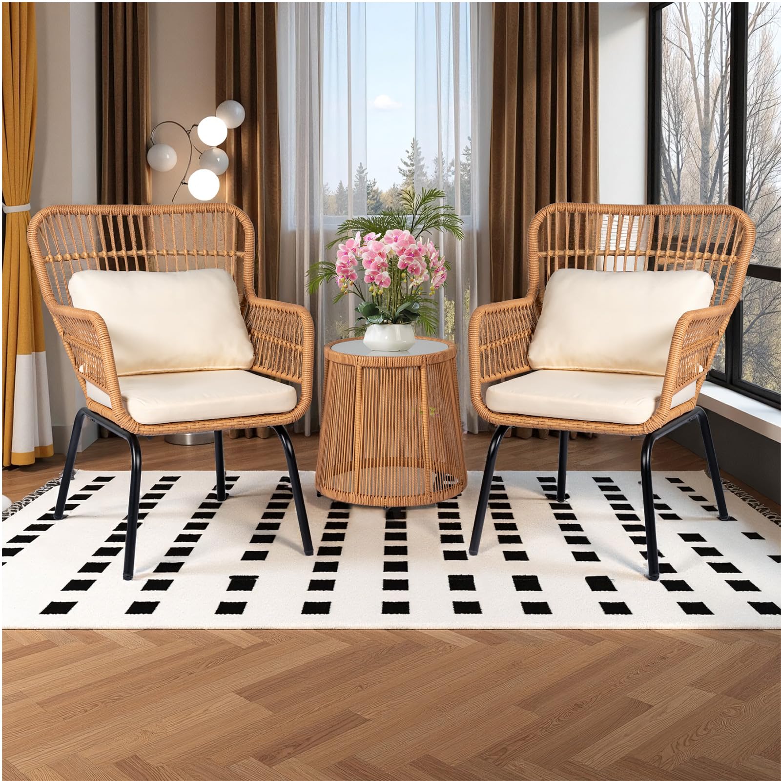 3 Piece Outdoor Wicker Bistro Set with Glass Table