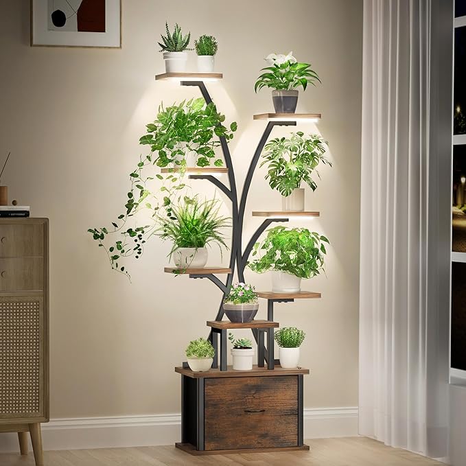 8-Tiered Plant Stand with Grow Lights and Storage Drawer