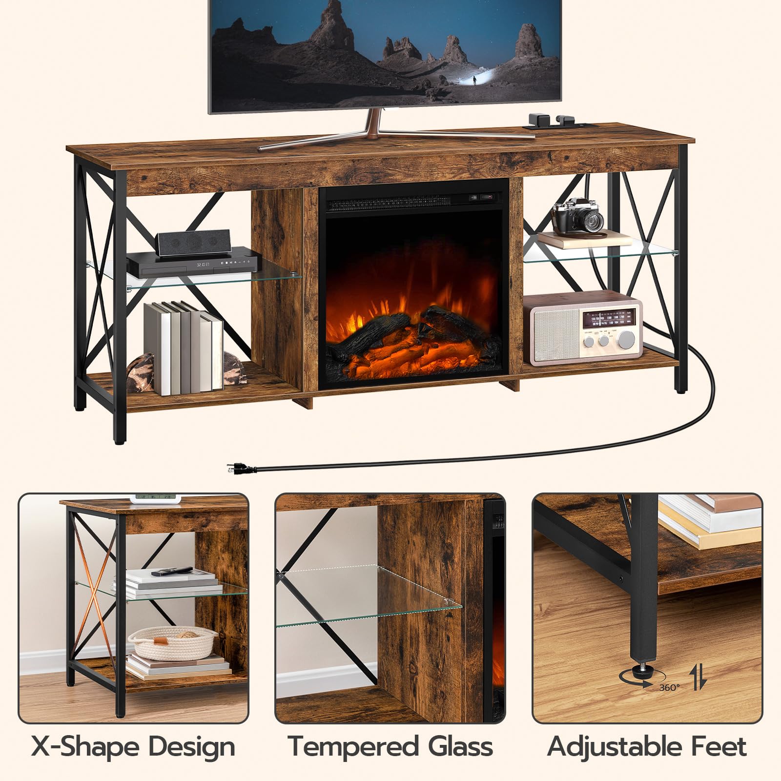 Fireplace TV Stand with Charging Station and LED Lights