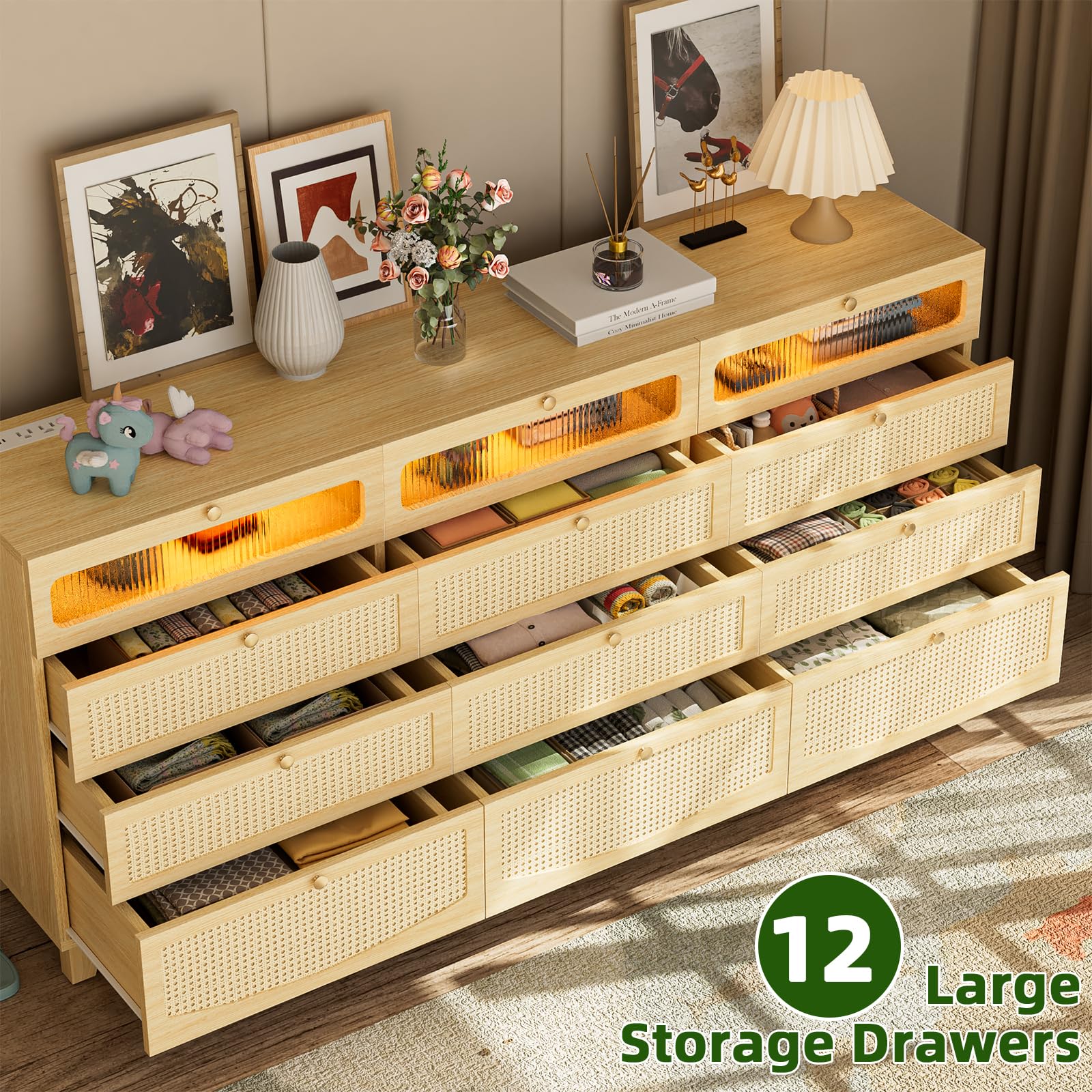 12 Drawer Dresser with LED Light and Charging Station