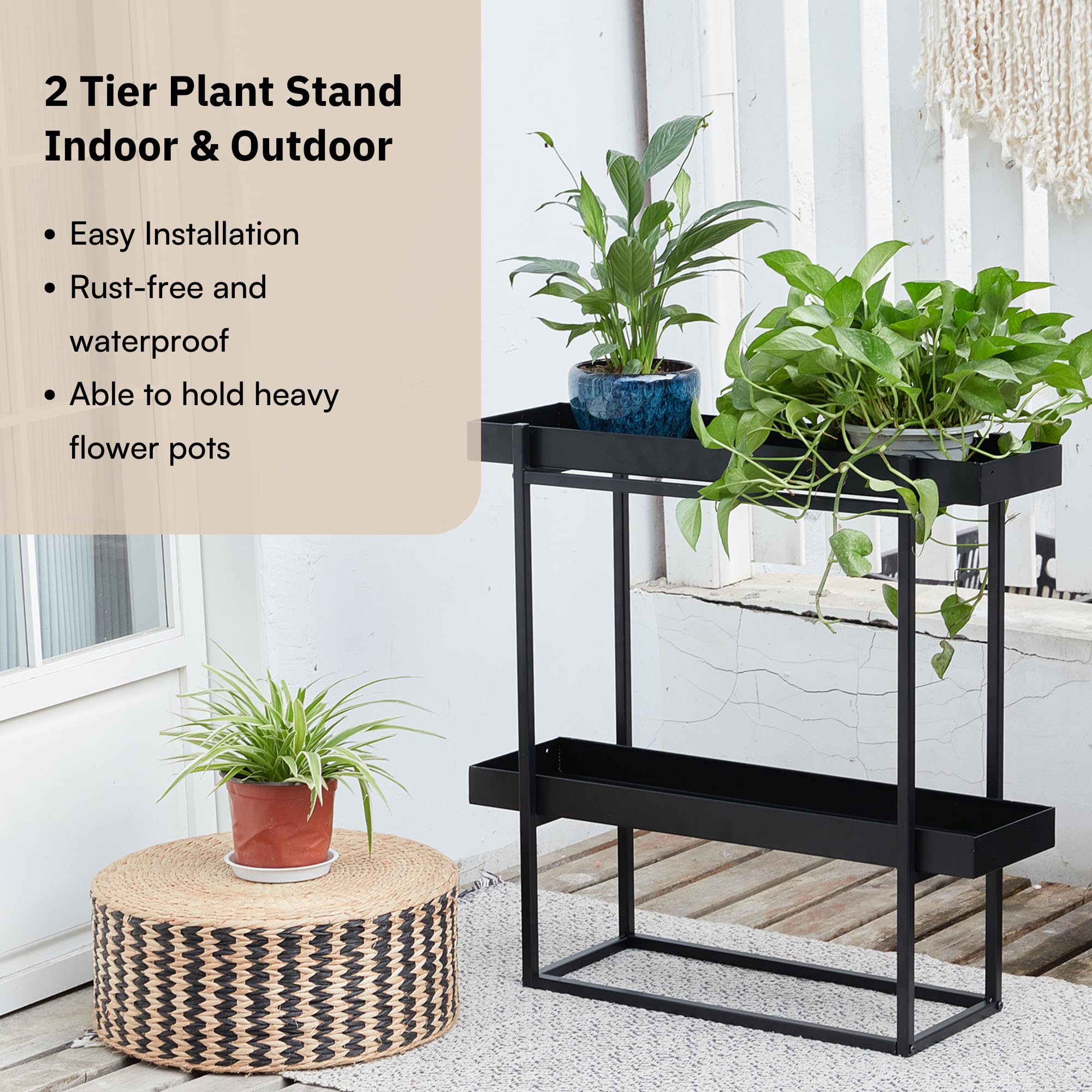 2-Tier Plant Stand Indoor Outdoor - Heavy Duty Iron Black