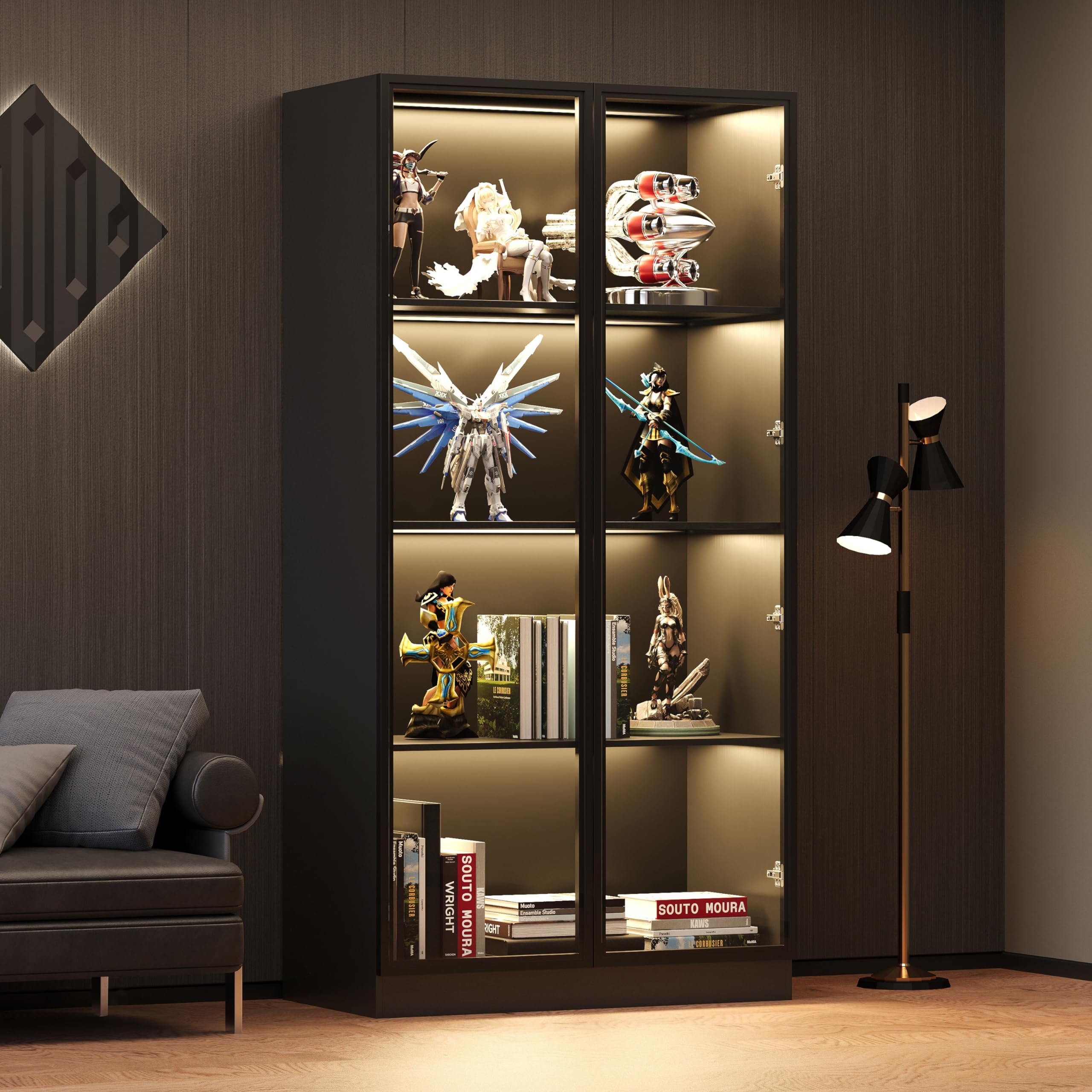 Wooden Display Storage Cabinet with Glass Door and LED Lights