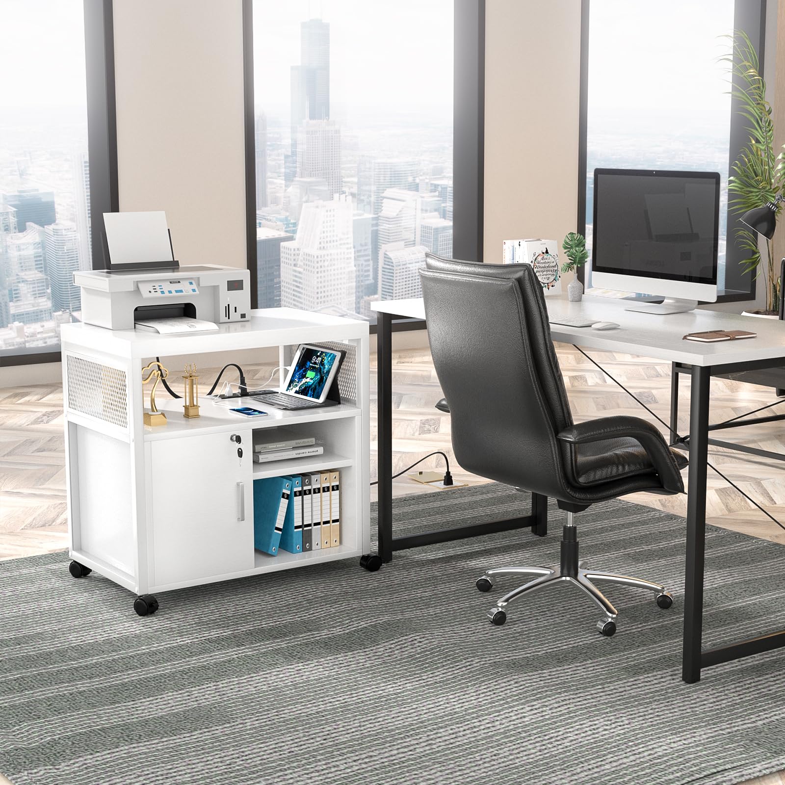 Rolling File Cabinet with USB Charging and Lockable Storage