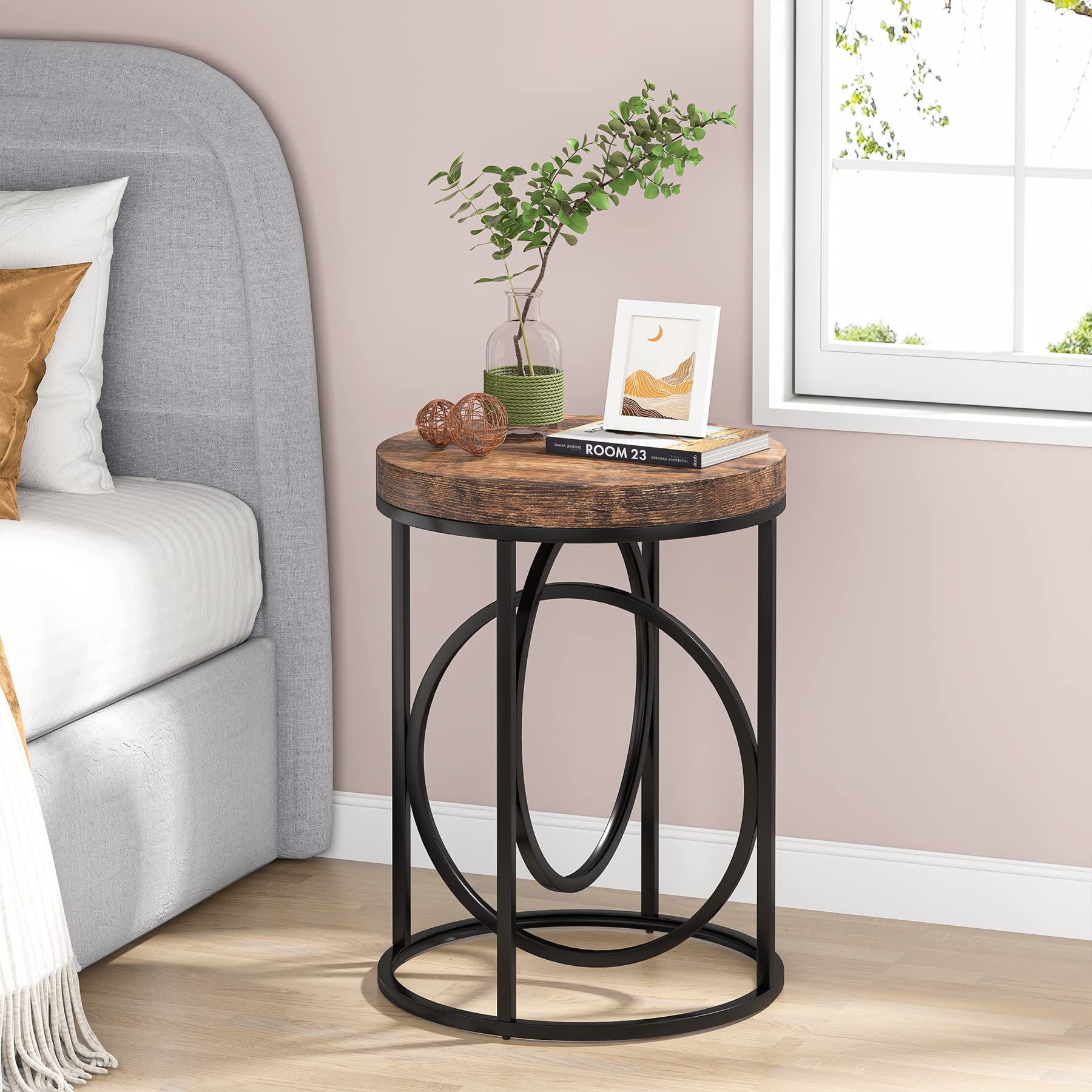 Round Industrial End Table with Metal Frame