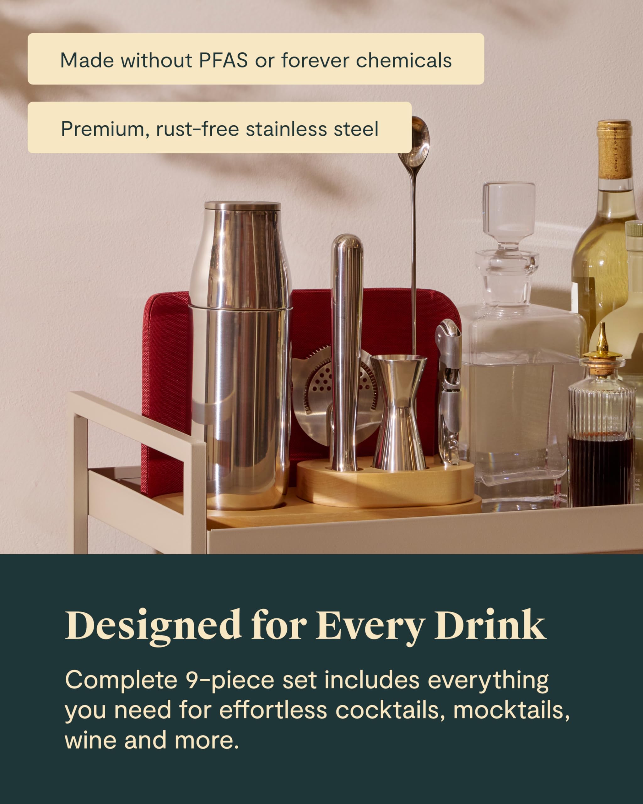 9-Piece Complete Bar Set - Cocktail Shaker, Jigger, Muddler, Wine Key & Organizer