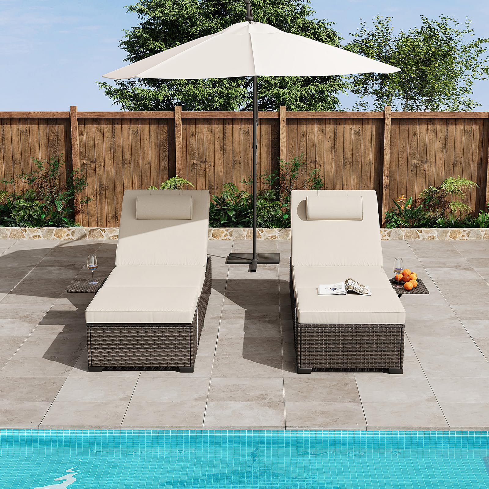 PE Wicker Rattan Chaise Lounge Chair Set of 2