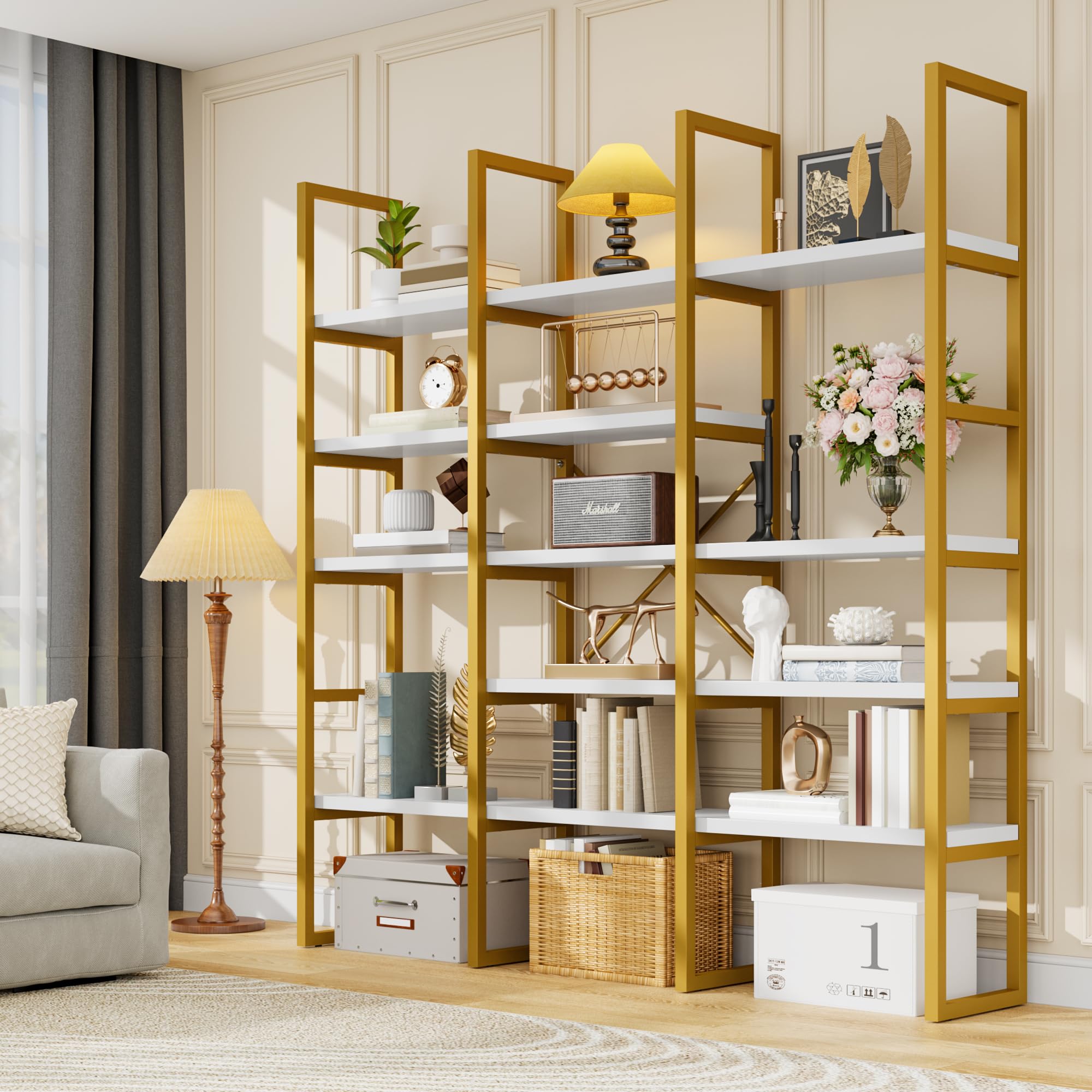 5-Tier Geometric Bookcase 71 Inches Tall Gold and White